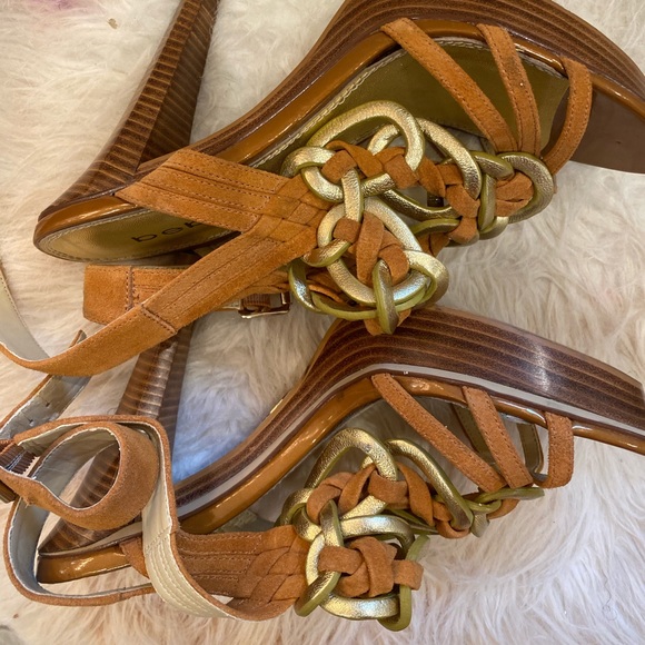 Bebe Brown & Gold Leather Open Toe Heels Sandals - Picture 2 of 5